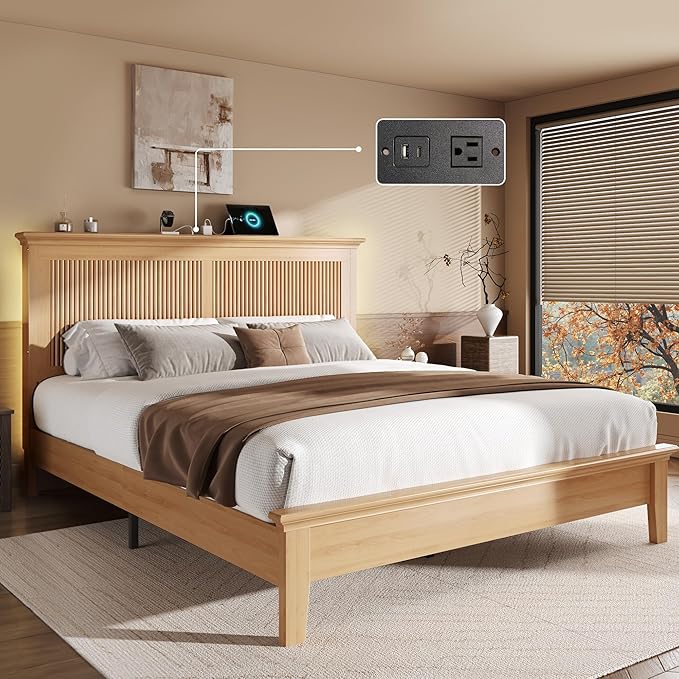 Lifezone Wood Queen Bed, Solid Wood Bed