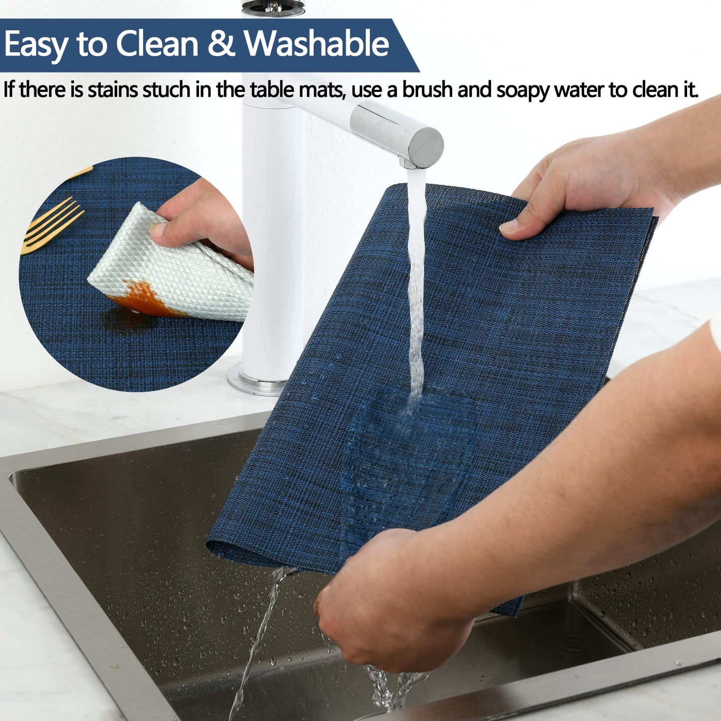 SLKQG Navy Blue Placemats Set of 8 - Easy Clean Washable Vinyl Placemats - Wipeable Heat Resistant Non-Slip Table Mats for Dining Table - 17x12 Inch (Navy Blue, 8)