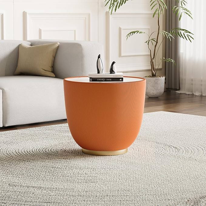 Henf Marble Round Side Table, 19.7" Fluted End Table