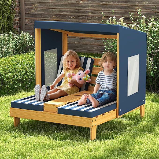 HONEY JOY Kids Chaise Lounge Chair Outdoor, Toddler Wood Double Pool Lounger