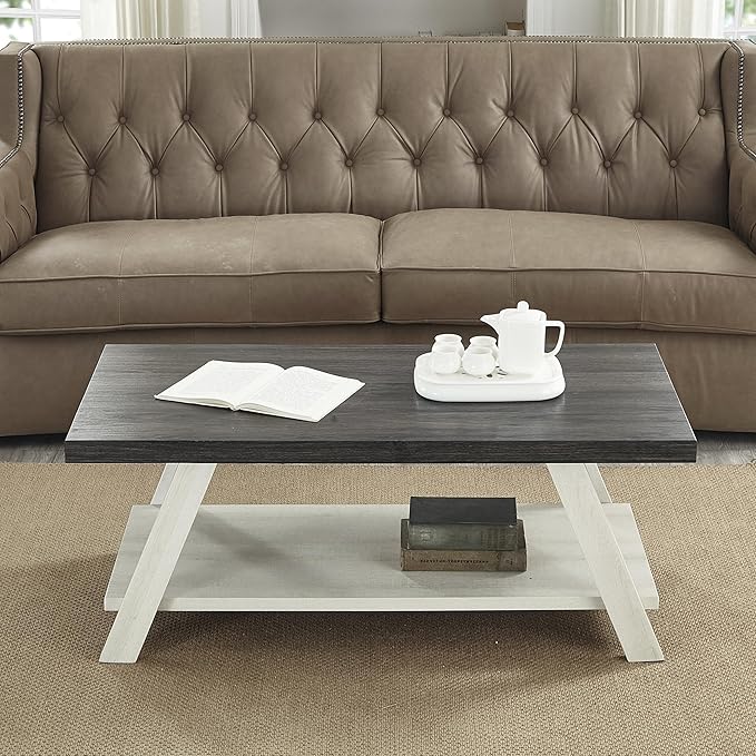 Contemporary Two-Tone Wood Coffee Table 48 in, Weathered Charcoal and Beige