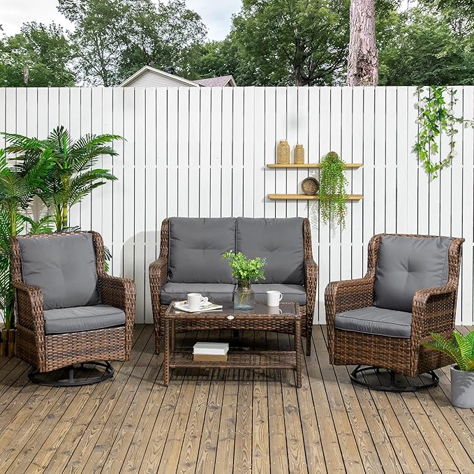 Outsunny 4 Piece PE Rattan Outdoor Patio Furniture Set, Wicker Conversation Set