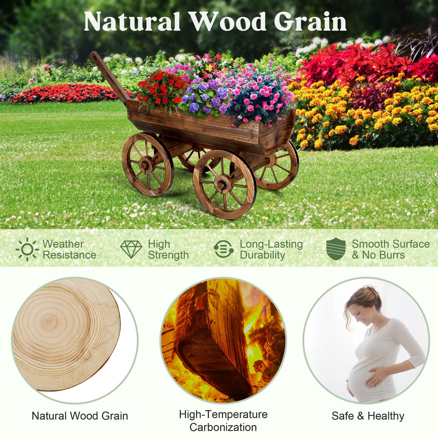 OIPRTGFJ Wood Wagon Planter for Outdoor Balcony Decor - Garden Rustic Wooden Flower Cart with Wheels for Outside Garden Decor Wheelbarrow Planter for Patio