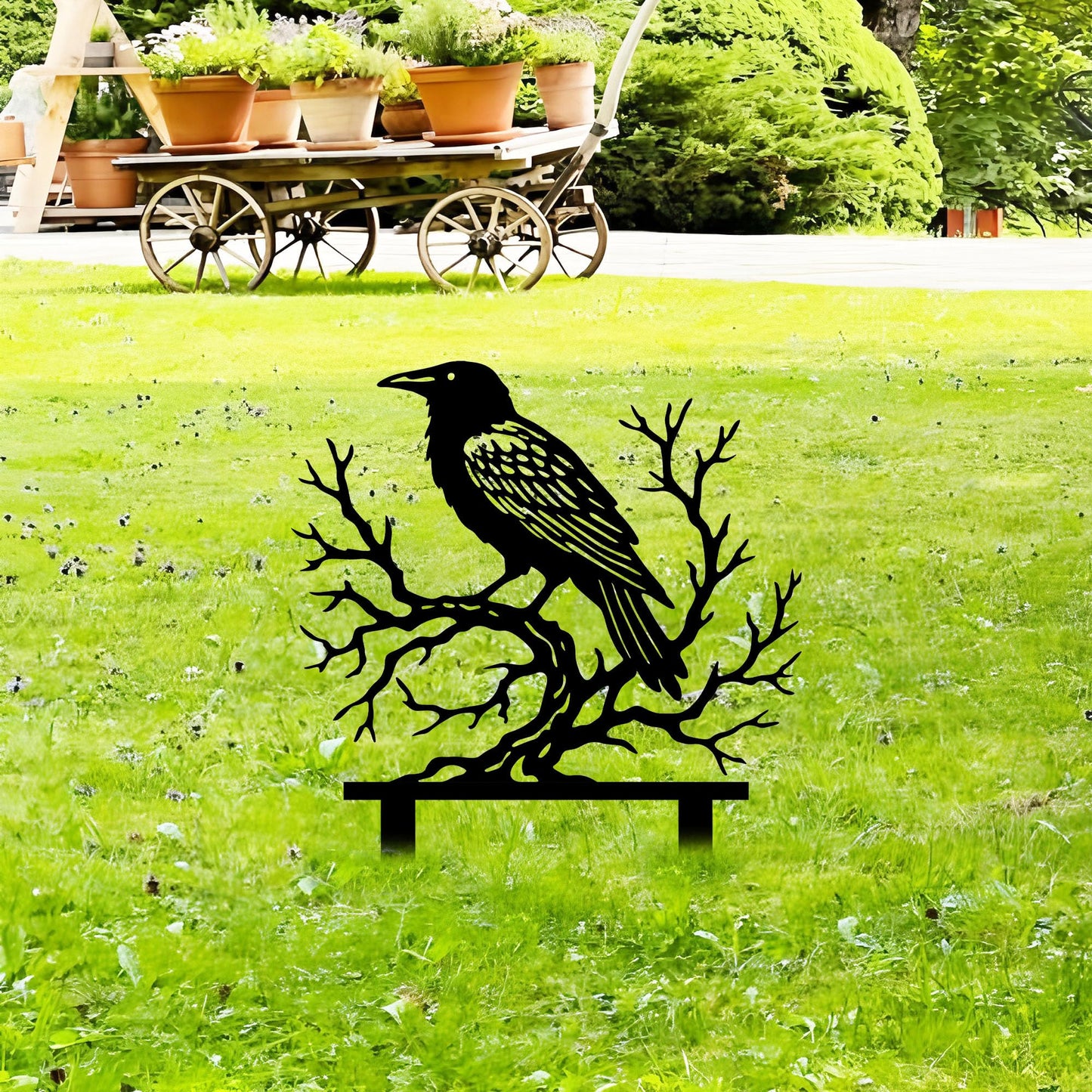 Aucizb Crow Tree Branch Metal Garden Stake Decor-Bird Silhouette Statue Yard Art for Patio,Outside,Lawn,Park,Farmhouse, Halloween Unique Gift (Black)
