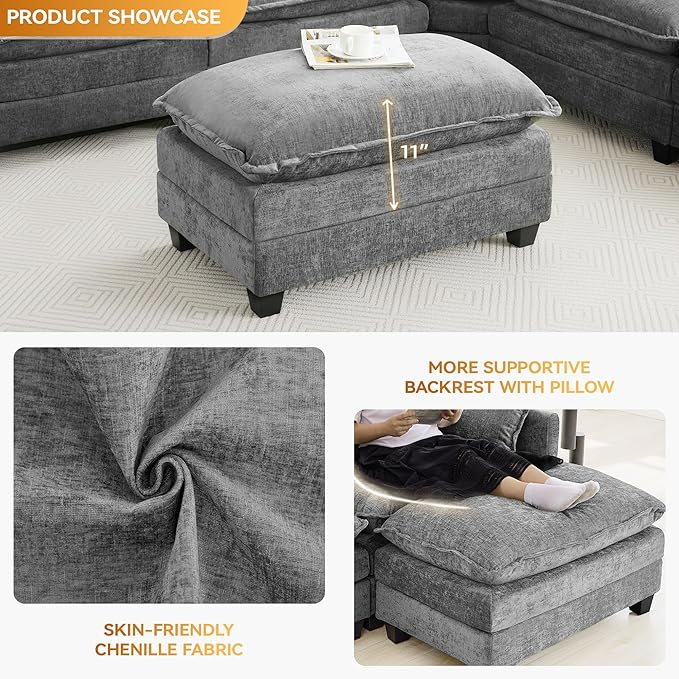 35‘’ Modern Chenille Cloud Sofa Ottoman, Rectangle Ottoman