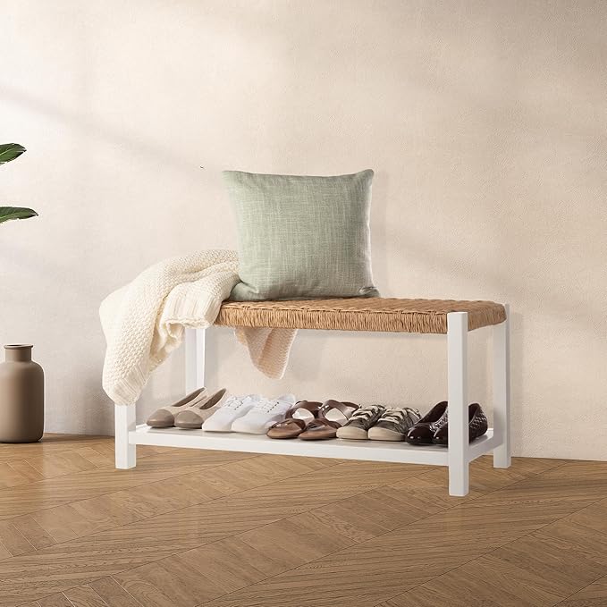 Alaterre Furniture Bench with Handcrafted Woven Rope Seat
