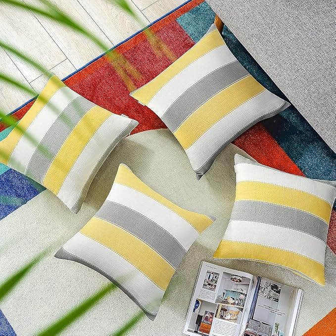 AmHoo Pack of 2 Farmhouse Stripe Check Throw Pillow Covers Set Case Cotton