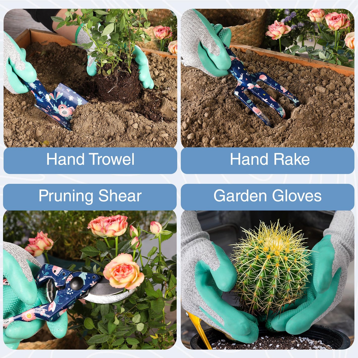 WORKPRO 5PCS Garden Tool Set, Aluminum Heavy Duty Gardening Tool Set with Garden Tool Bag, Outdoor Garden Hand Tools, Blue Insect and Flower