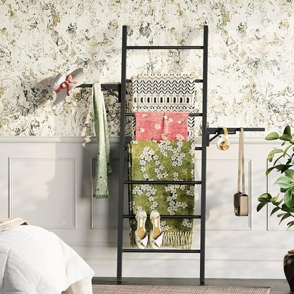 Metal Blanket Ladder, 7-Tier Towel Rack with Ajustable Side Rack, Blanket Rack Stand for Living Room, Bathroom, Quilt Display Ladder Shelf, Farmhouse Black
