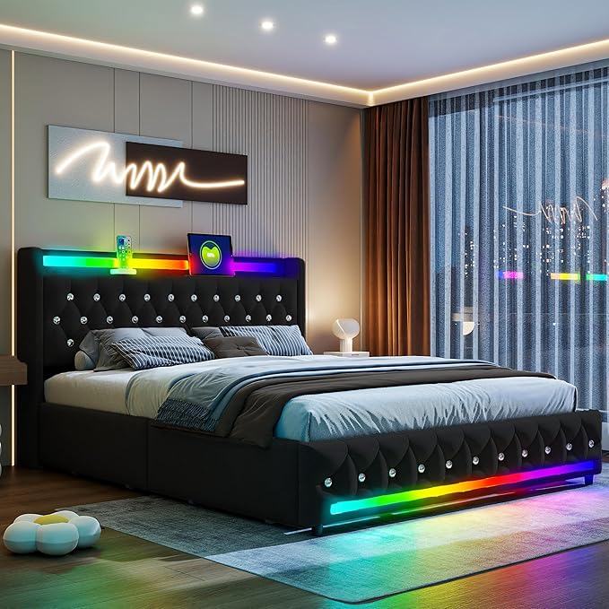Music Player Full Bed with Bluetooth Speakers, USB&Type C Charging Ports