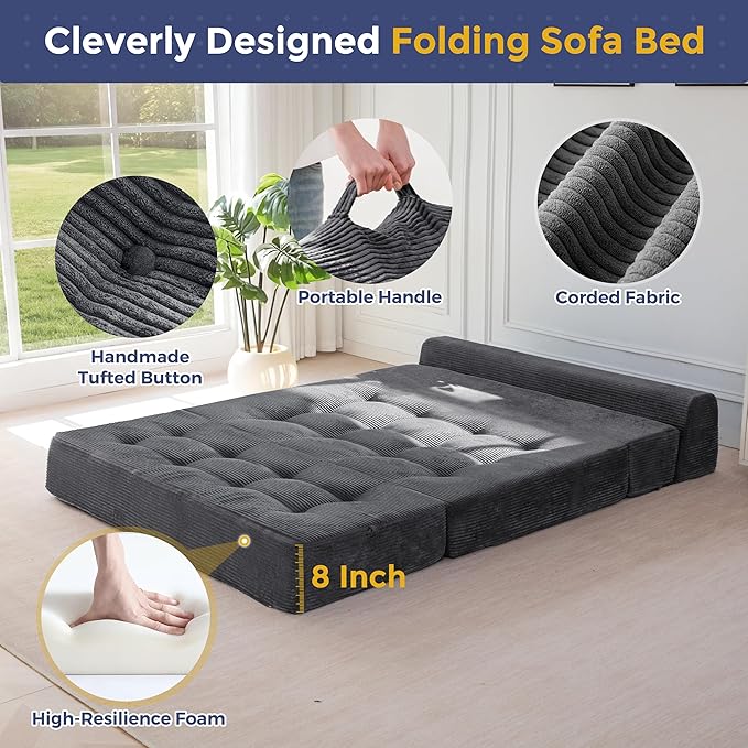 MAXYOYO 8" Folding Sofa Bed, Fold Out Chair Bed Sleeper Chair, Convertible