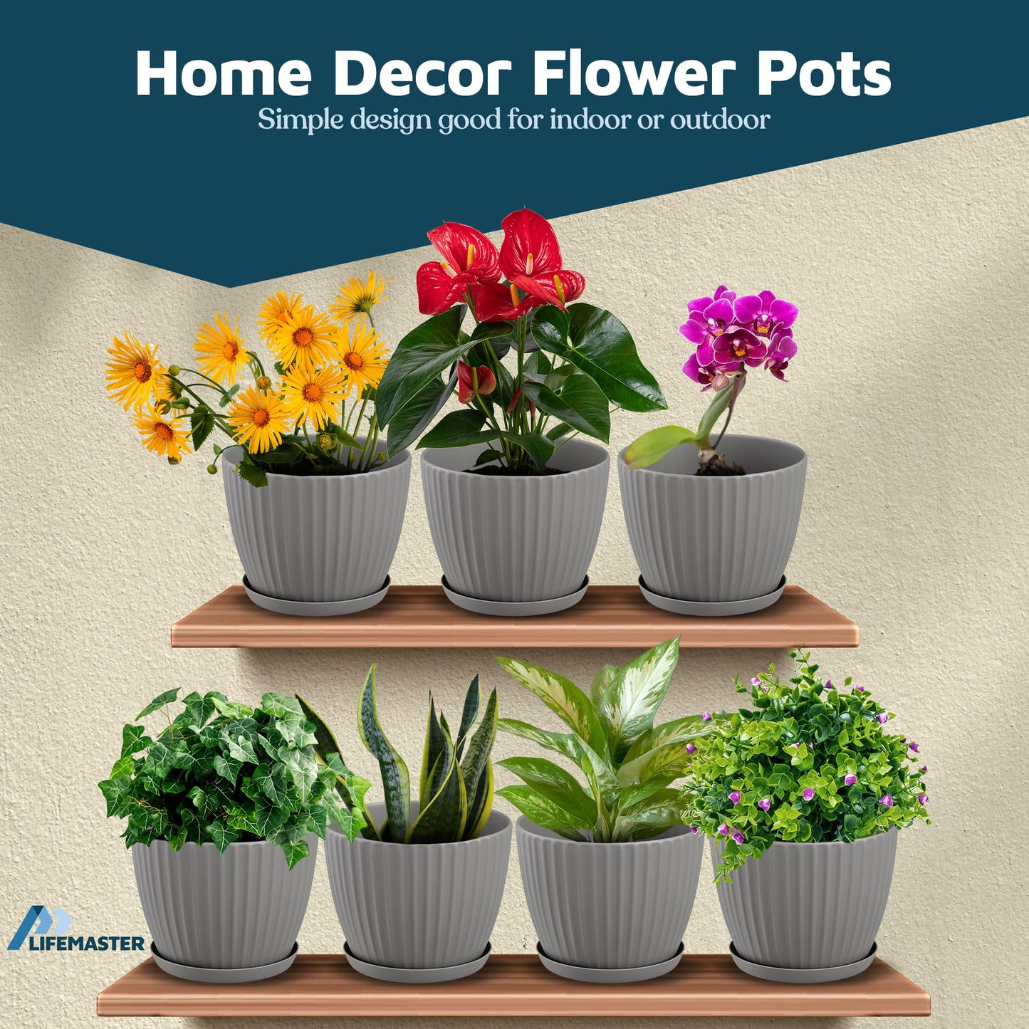 Gray 6-Inch Plant Pots with Drainage & Saucers 6 Pack, Indoor & Outdoor Planters for Houseplants, Herbs, and Flowers, Durable & Weatherproof Material, Stackable, Lightweight, Minimalist Design