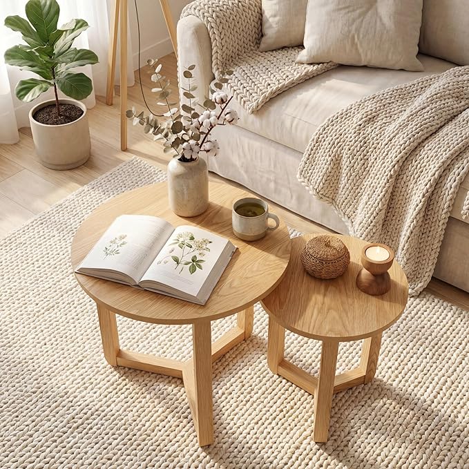 Tangkula Round Nesting Coffee Table Set of 2, Farmhouse End Tables