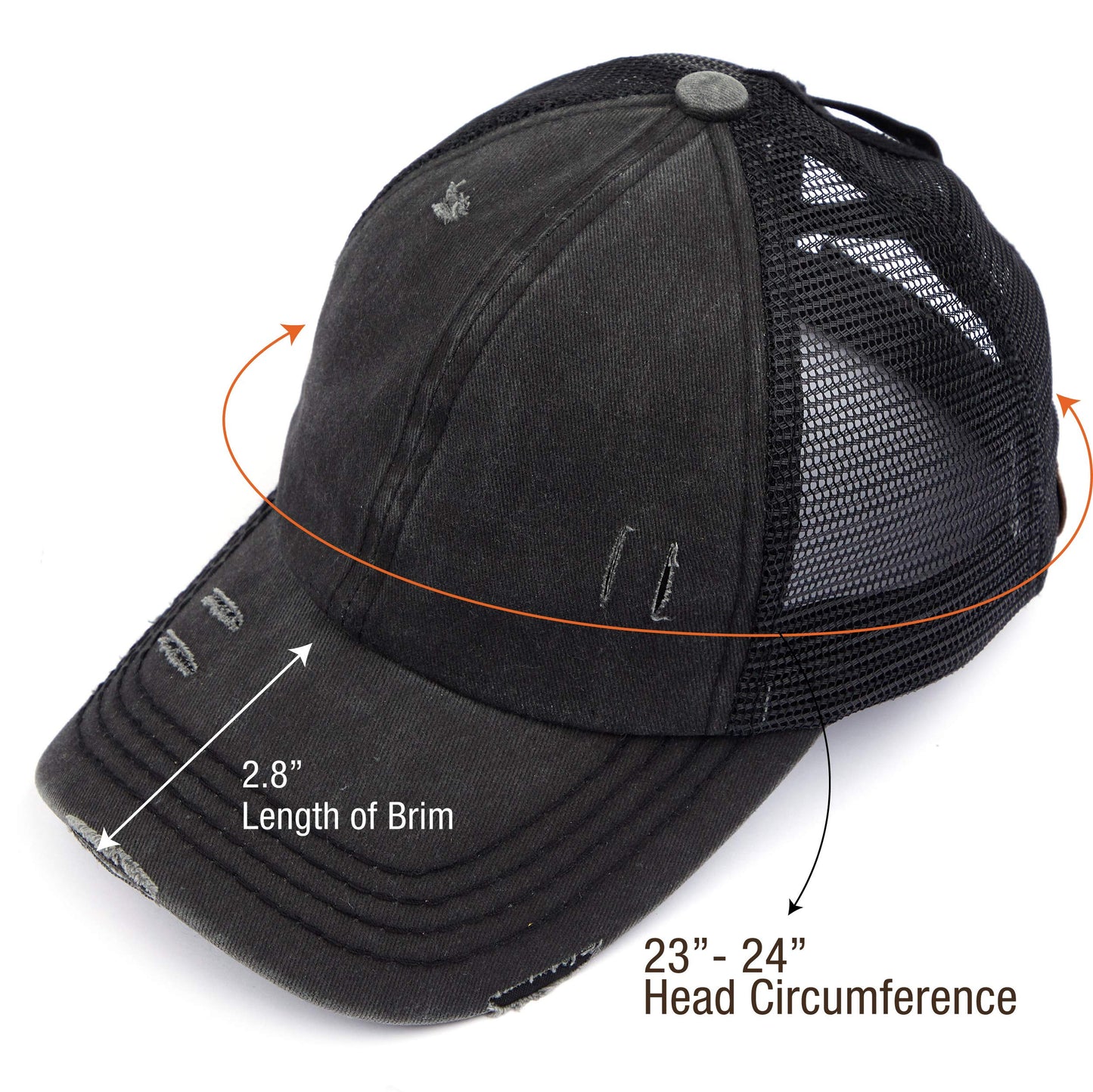 C.C Exclusives Washed Distressed Cotton Denim Criss-Cross Ponytail Hat Baseball Cap Bundle Hair Tie (BT-780) (Black)