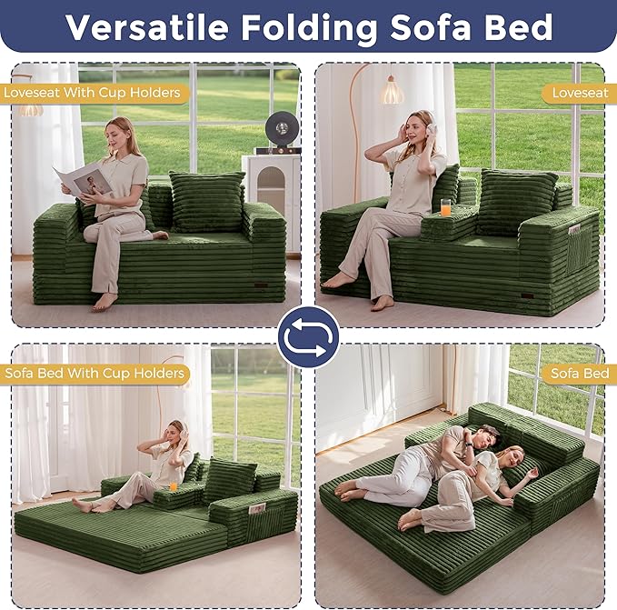 MAXYOYO Loveseat Sofa Bed, Striped Faux Fur Foldable Floor Sofa Couch in A Box