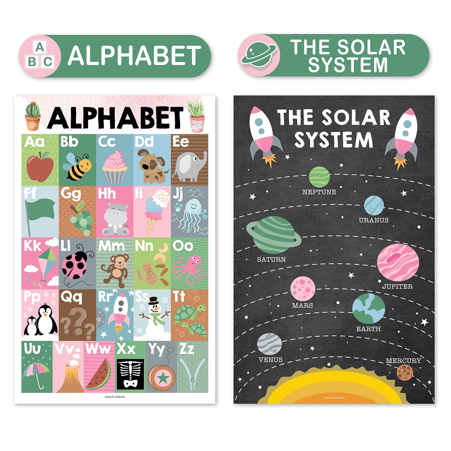 Hadley Designs 4 Alphabet, Map of United States, World Map, & Solar System Posters - Laminated ABC Charts for Toddlers Wall Decor, Cactus Posters for Kindergarten, Prek Classroom or Homeschool 11x17