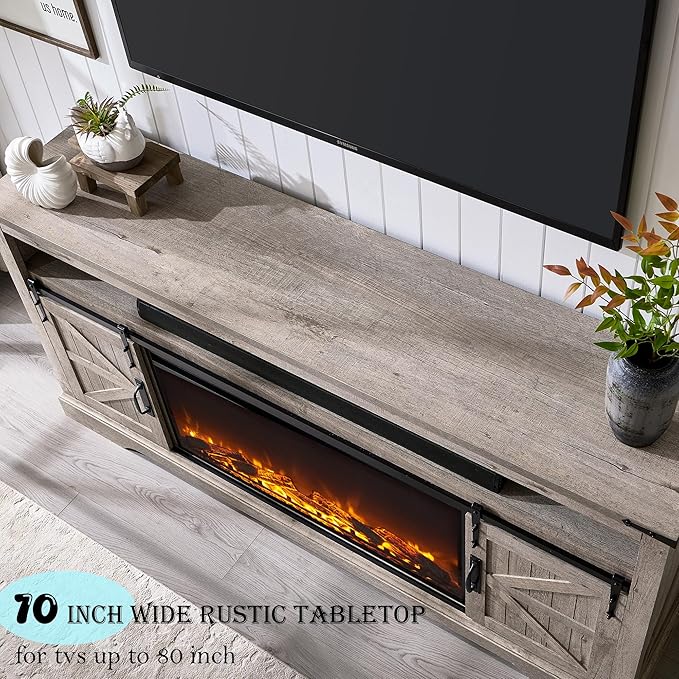 OKD Fireplace TV Stand for 80 Inch TV, Rustic Media Console w/Sliding Barn Door