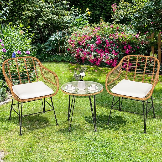 Tangkula 3 Pieces Patio Bistro Set, Rattan Conversation Set