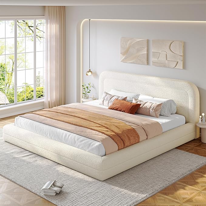 Homkdom Cloud Bed Frame and Headboard, Upholstered Soft King Size Bed Frame