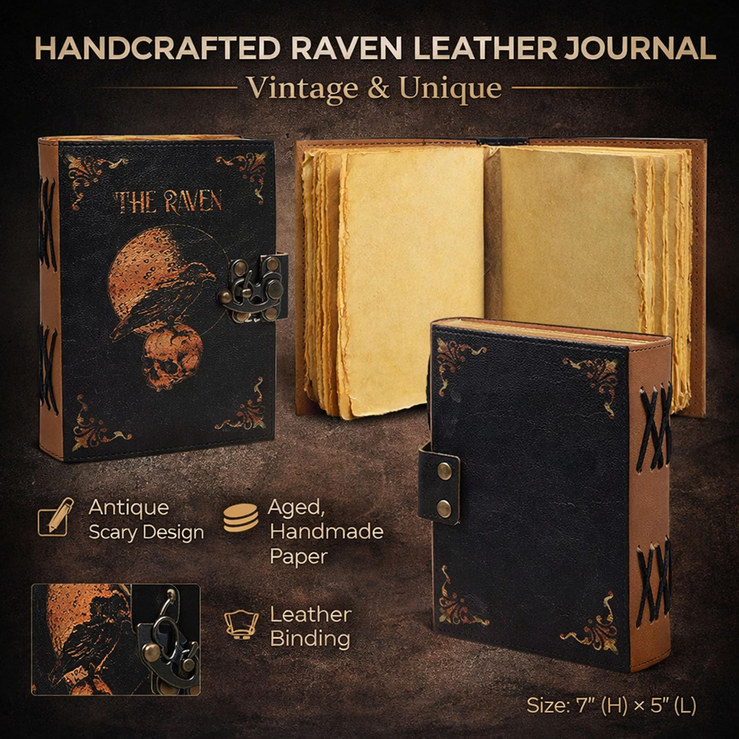 Leather Gothic Journal Magical Raven Skull Spiral Notebook Mystery Crow Journal Grimoire Witchcraft Spellwork Journal Great for Halloween and Raven Lovers Aesthetic Leather Journal for Men and Women (8 x 6 inches)