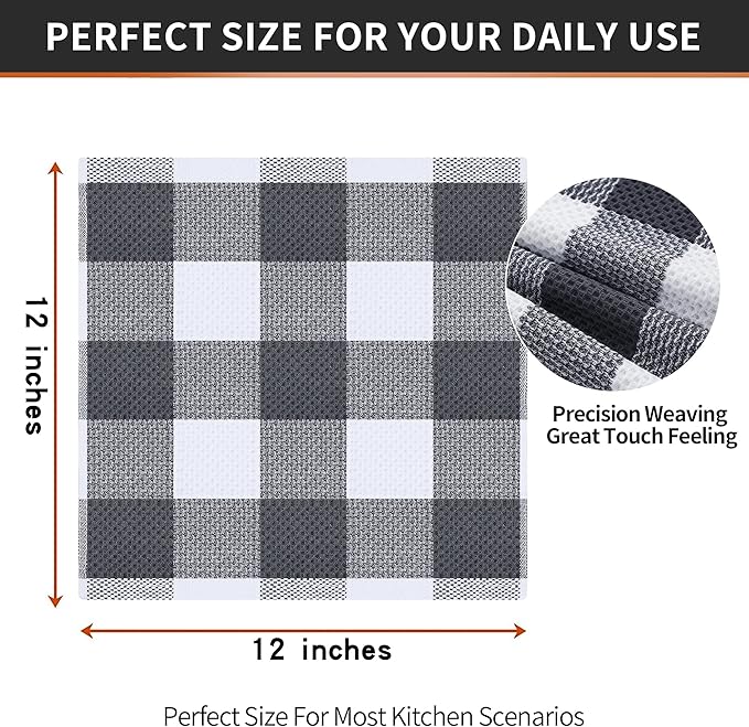 Homaxy 100% Cotton Waffle Weave Check Plaid Dish Cloths, 12 x 12 Inches