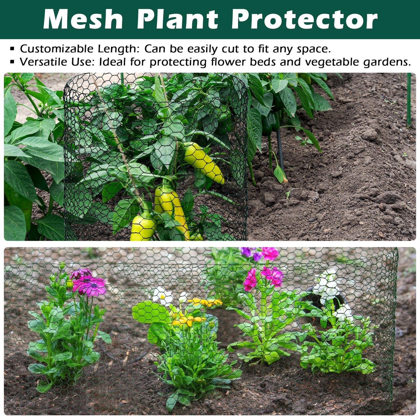 Patioer 16IN x 50Ft Plant Protectors from Animals, Wire Plant Cages for Outdoor, Chicken Wire Mesh Cloche with Plier Ground Stakes Gloves & Nylon Ties