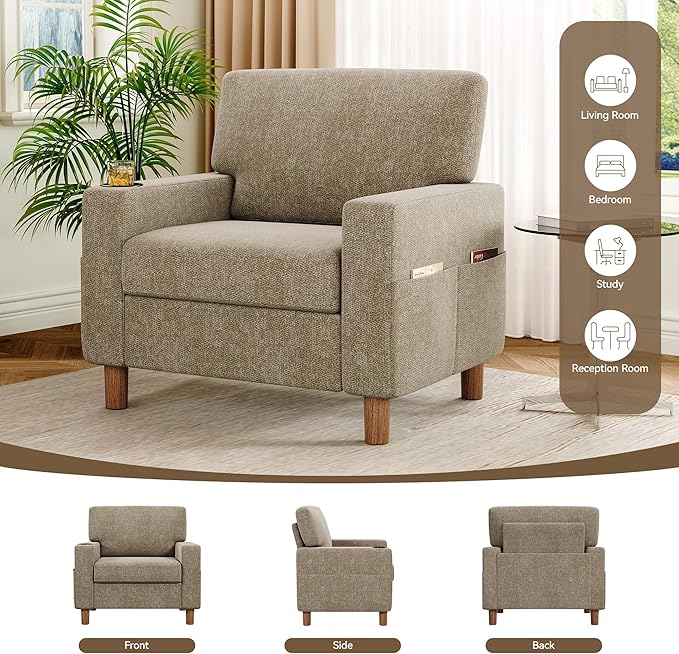 Mid Century Modern Accent Chair, Chenille Comfy Living Room Arm Chairs