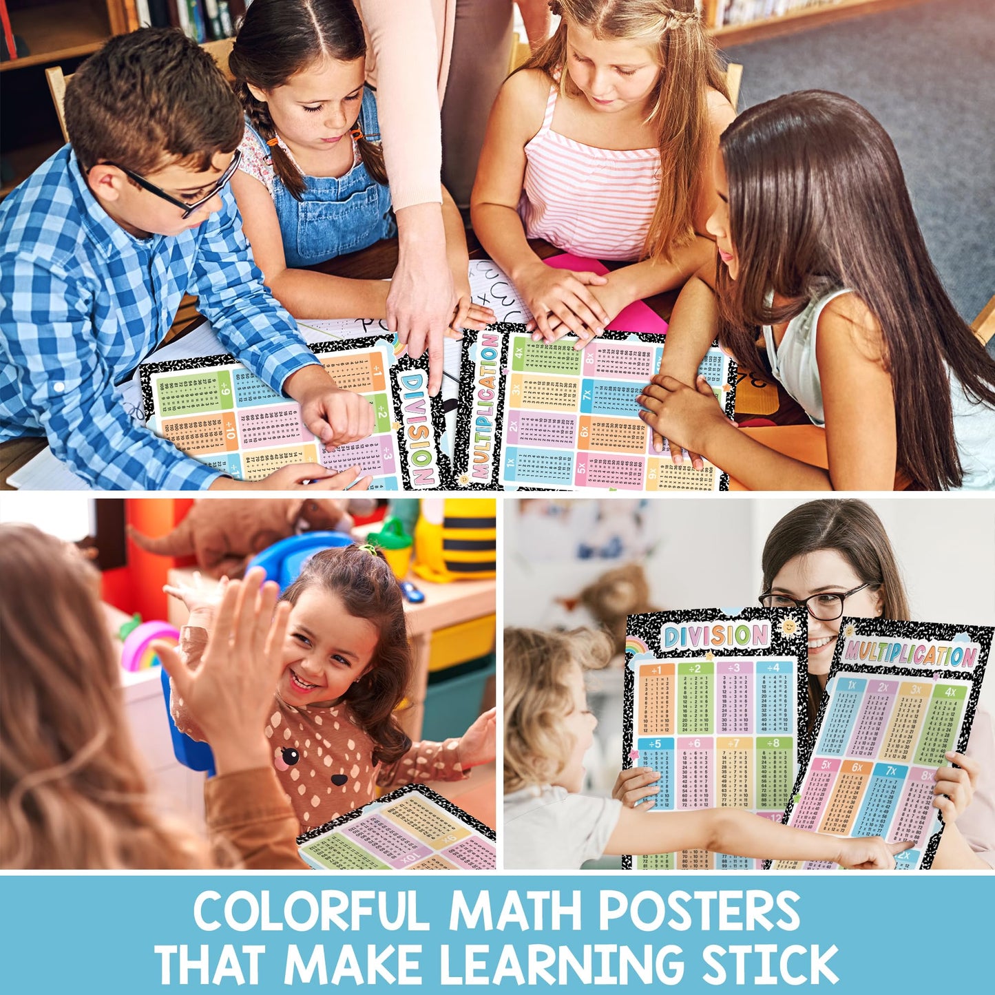 BEAWART Multiplication Chart, 2 Pcs Educational Math Posters for Classroom, Laminated Multiplication & Division Poster, Back To School Mathematics Bulletin Board Must Haves, Composition Notebook