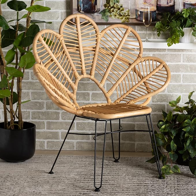 bali & pari Garan Modern Bohemian Natural Rattan and Black Metal Accent Chair