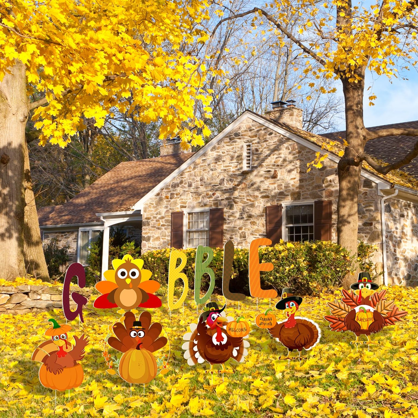 Quera 11 Pcs Thanksgiving Yard Signs Gobble Turkey Outdoor Lawn Thanksgiving Decorations Outside Decoration Pumpkins Yard Stakes for Fall Party