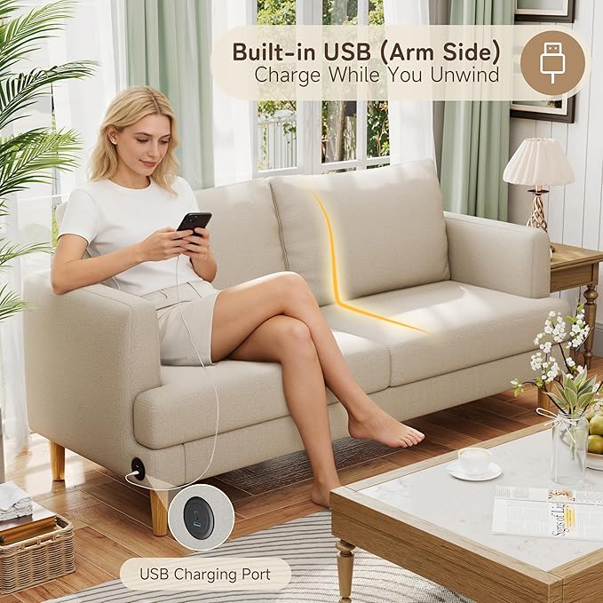 70" Modern Loveseat Sofa with USB Type-C Ports, Linen Fabric 2-Seater Deep Seat