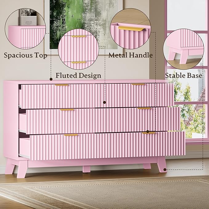 BORNOON Fluted 6 Drawer Dresser, 47.2" Wide Modern Boho Chest of Drawers