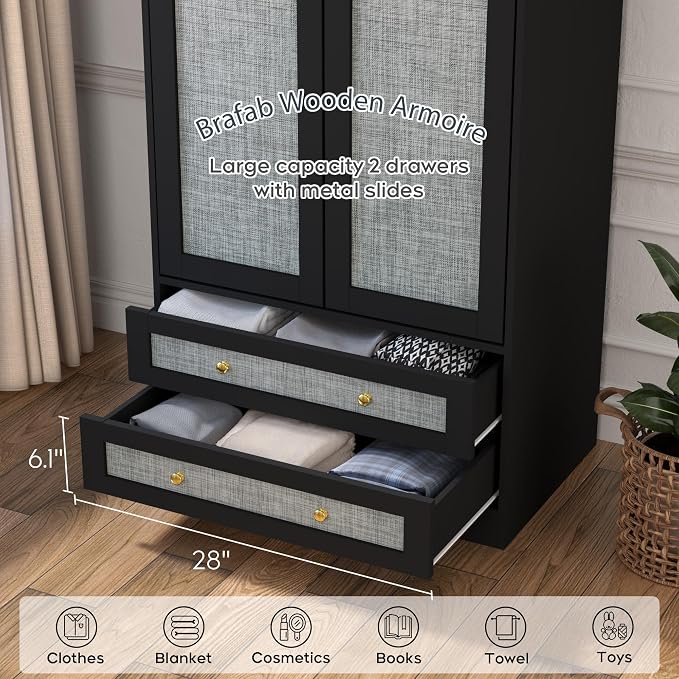Brafab Armoire Wardrobe Closet with 2 Modern Doors Set of 2, 71" Tall Freestanding Closet Wardrobe Cabinet with Drawers and Hanging Rail, Wooden Storage Cabinet with Shelve for Bedroom, Black