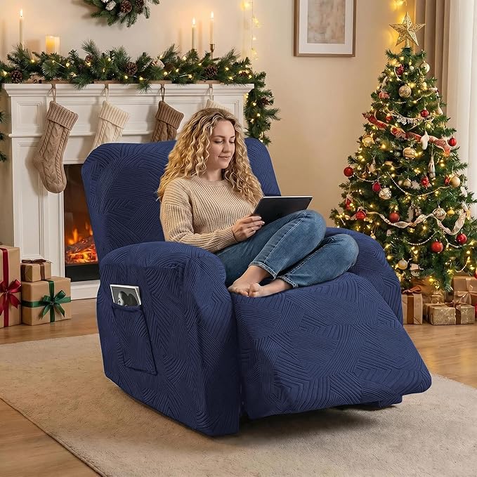Oversized Recliner Chair Covers, 4-Piece Stretch Geometric Strokes Jacquard