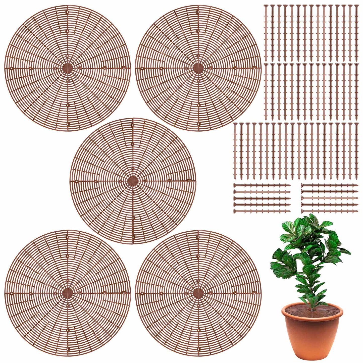 YGAOHF 5 Pcs 20.8" Plant Pot Grid Cover, Cuttable Grid Flower Pot Cover with 60 Stakes, Large Plastic Plant Pot Soil Protector with Center Cutout, Pet Cat Digging Stopper