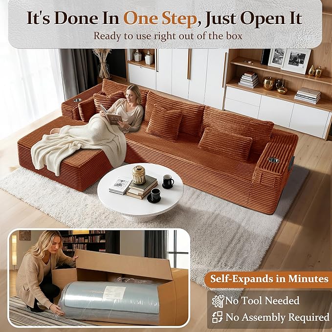 108" Cloud Sectional Couch, Comfort L Shaped Boneless Couch
