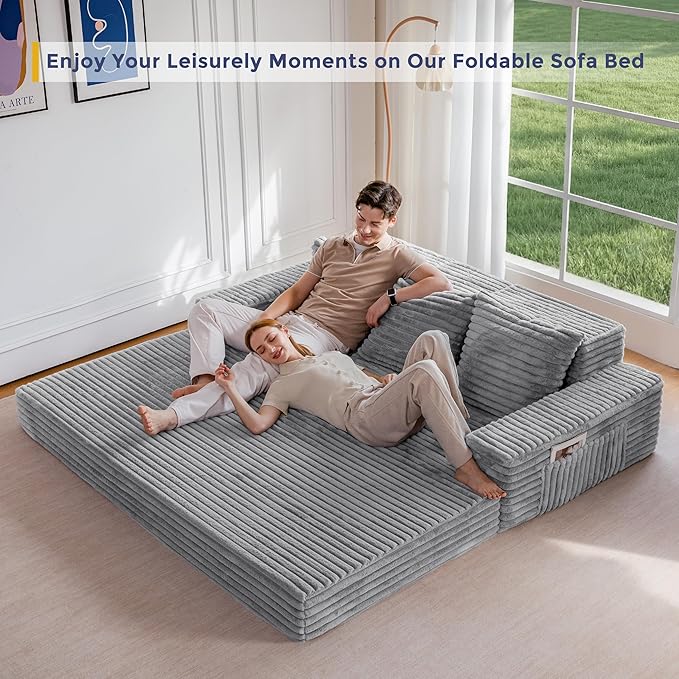 MAXYOYO Loveseat Sofa Bed, Striped Faux Fur Foldable Floor Sofa Couch in A Box