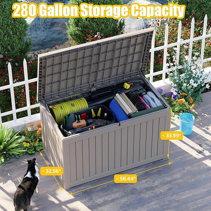 280 Gallon Outdoor Deck Box, Lockable Waterproof Outdoor Storage Boxes For Garden Tools,Indoor Cushions,Accessories Outside Storage Resin Weatherproof Container(Grey)