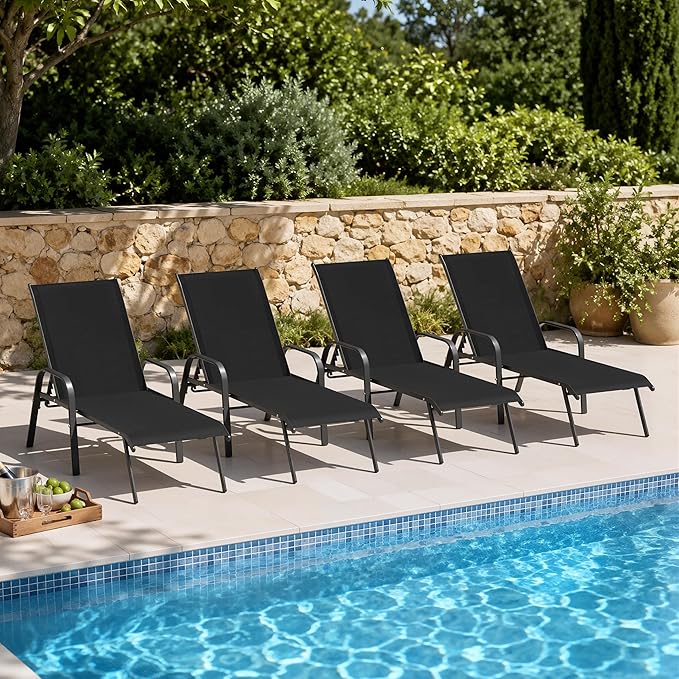 Crestlive Products Outdoor Chaise Lounge Chair, 5-Position Pool Lounge Chairs