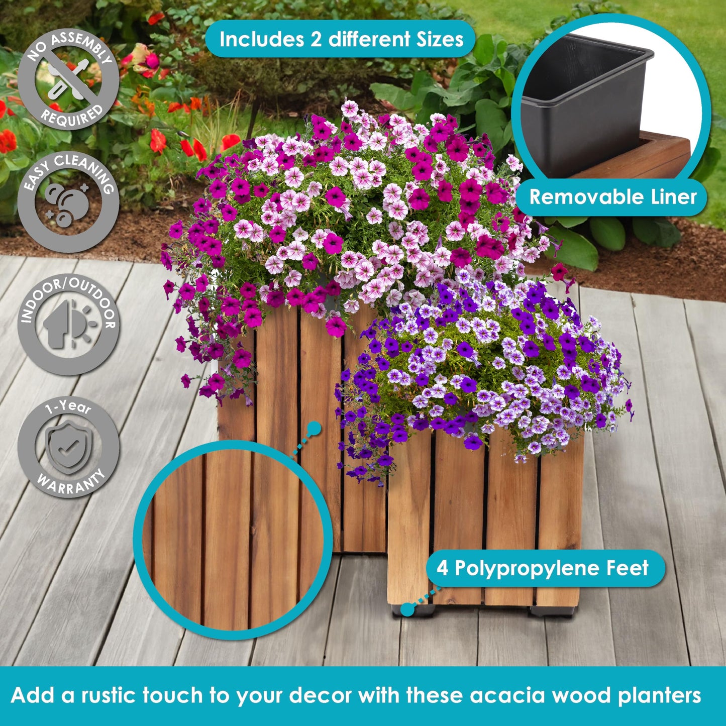 Sunnydaze Indoor/Outdoor Wooden Planter Boxes - 2 Acacia Wood Square Plant Pots with Plastic Liners - Light Brown Stain