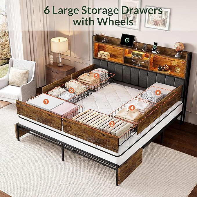 LARMACE King Bed Frame with 6 Storage Drawers, Bed Frame King Size with Linen