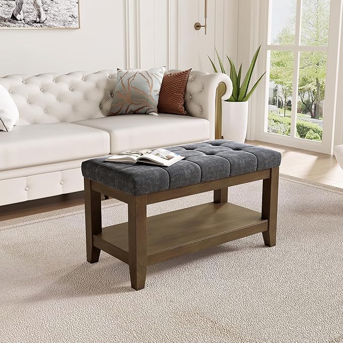 ABHENG Solid Rubber Wood Shoe Bench, Soft Chenille Material Upholstered Seat