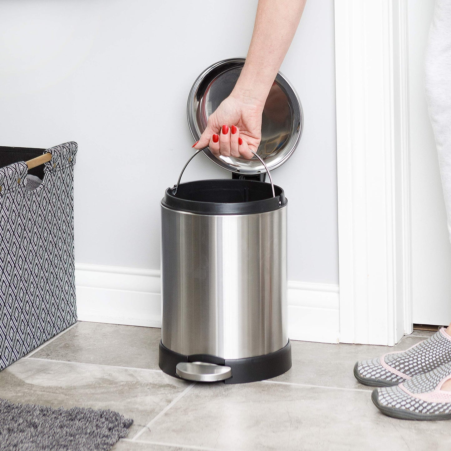 Glad Small Trash Can, 1.2 Gallon | Round Stainless Steel Garbage Bin with Soft Close Lid & Step Foot Pedal | Metal Waste Basket with Removable Inner Bucket, Stainless, 8 x 9.5 x 12 inches