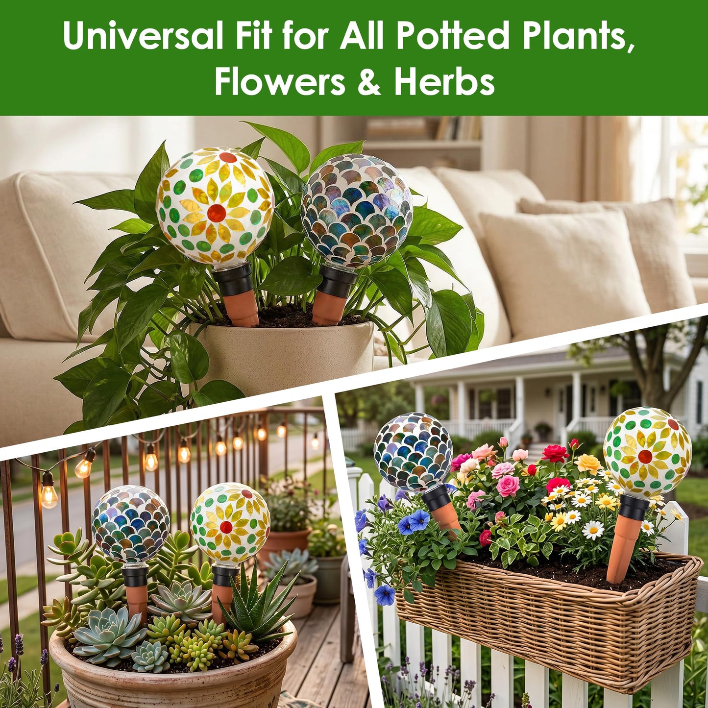 Chonsun Plant Watering Globes Mosaic Self Watering Spikes 2 Pack for Indoor Outdoor Plants Automatic Plant Waterer Plant Watering Devices for Vacations Pot
