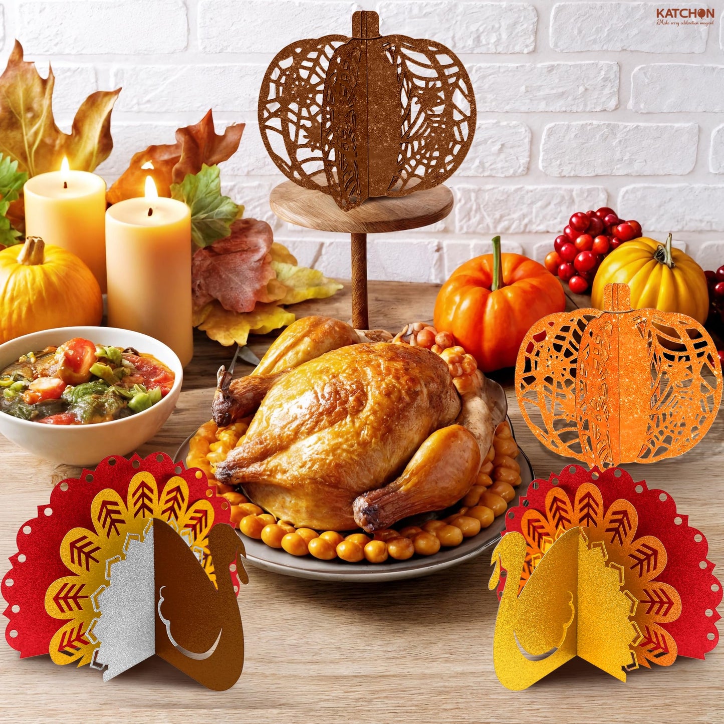 KatchOn, Thanksgiving Centerpieces for Tables – Pack of 4 | Pumpkin & Turkey Centerpieces for Tables | Thanksgiving Decorations for Table | Friendsgiving Party Decorations, Harvest Decorations