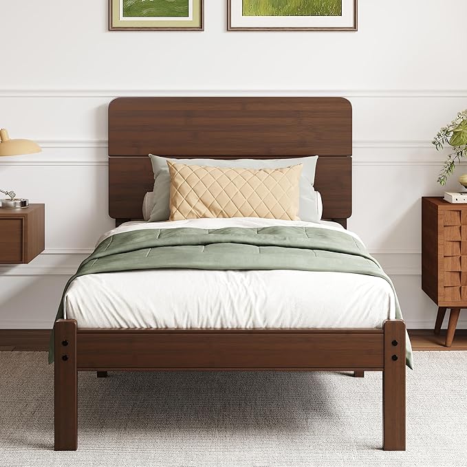 BOSRII 14in High Solid Bamboo Wood Platform Twin Size Bed Frame