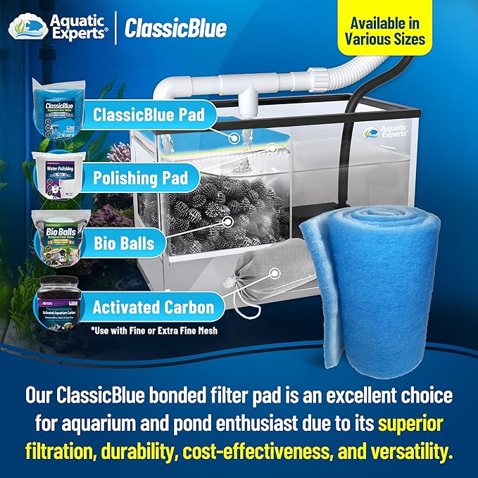 Aquatic Experts Classic Bonded Aquarium Filter Pad -12 Inches by 72 Inches by .75 Inch - Blue and White Aquarium Filter Media Roll Bulk Can Be Cut to Fit Most Filters, Made in USA