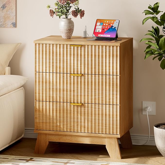 BORNOON 30.5" Nightstand with Charging Station, 3-Drawer Fluted Bedroom Chest