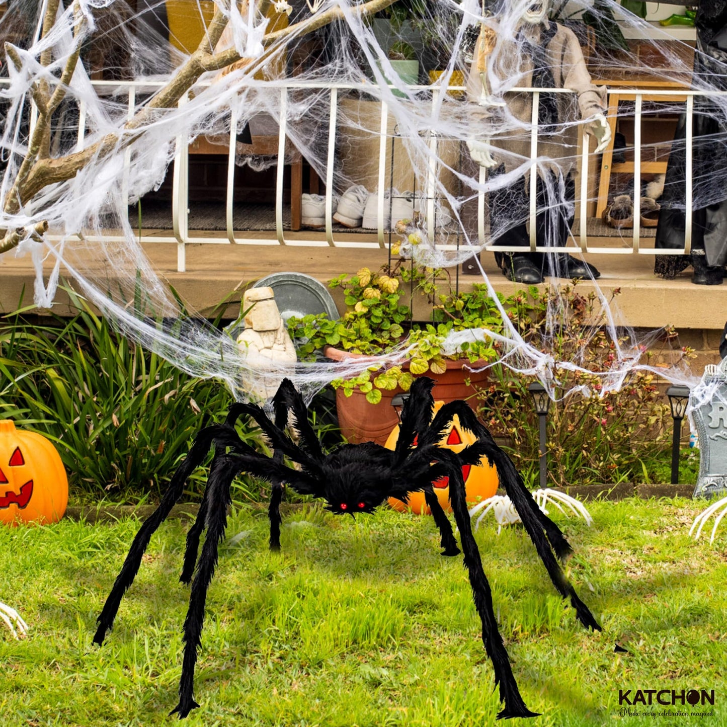 KatchOn, Giant Halloween Black Hairy Spider - 6.5 Ft, Foldable Fake Spider Halloween Decorations Outdoor | Summerween Decorations Party | Giant Spider Decoration for Summerween Party Decorations