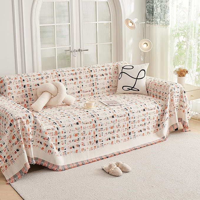 DREAMINGO Abstract Chenille Couch Cover Blanket Beige Orange Black Boho Sofa